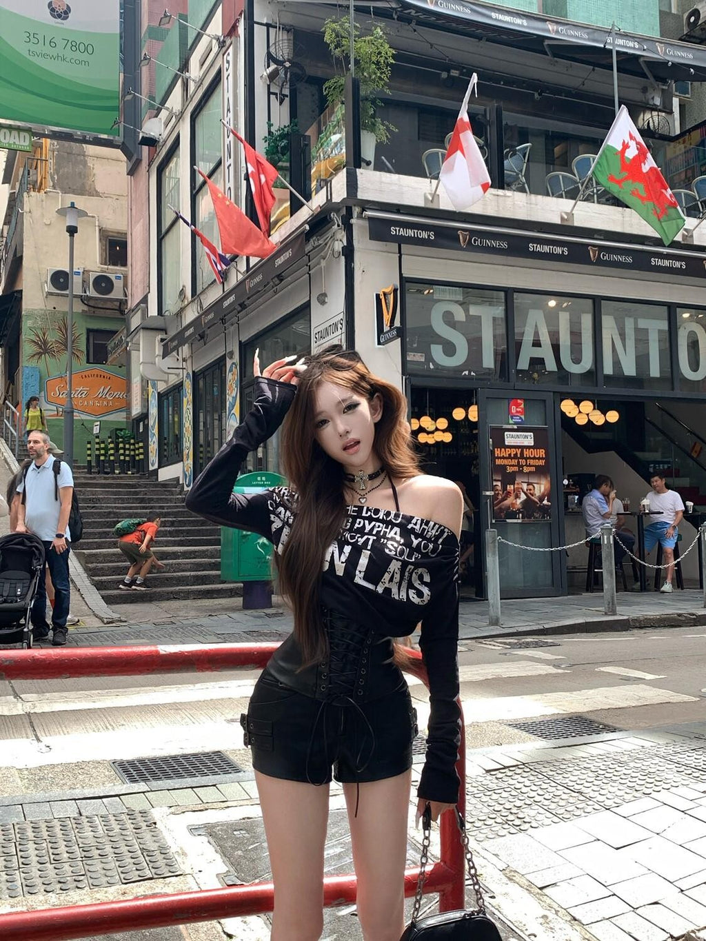 PoopyLii Retro Silver Foil Letter Low Waist Sexy Women's Leather Shorts