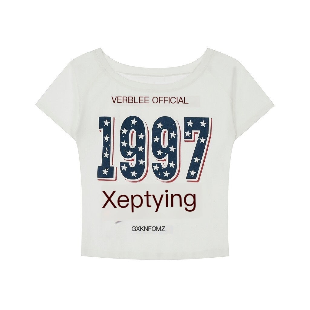 PoopyLii_Retro_Varsity_Asymmetrical_Shoulder_Short_Sleeve_Women's_Off-shoulder_T-shirts_916295347784_MISSTT