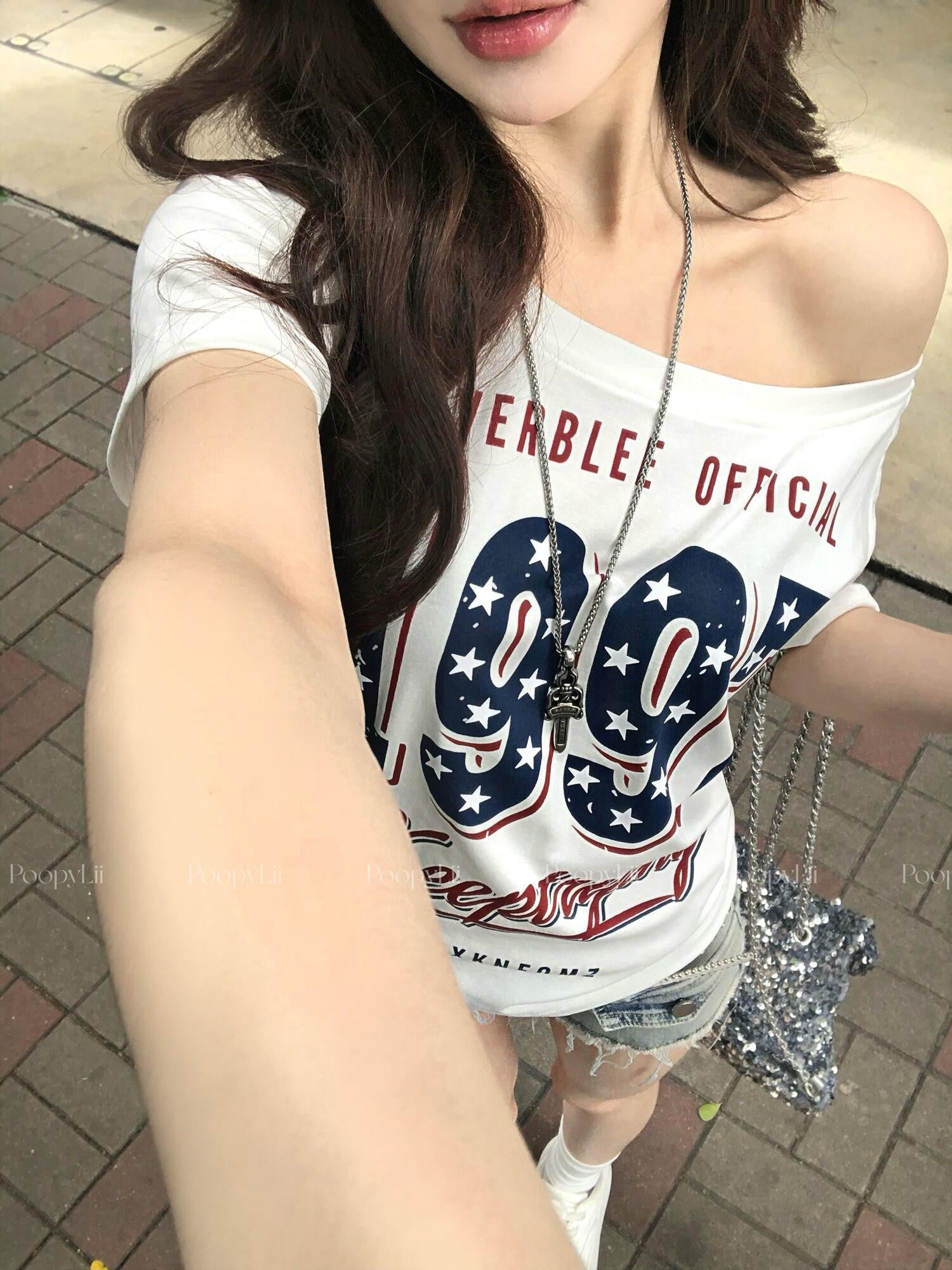 PoopyLii Retro Varsity Asymmetrical Shoulder Short Sleeve Women's Off-shoulder T-shirts