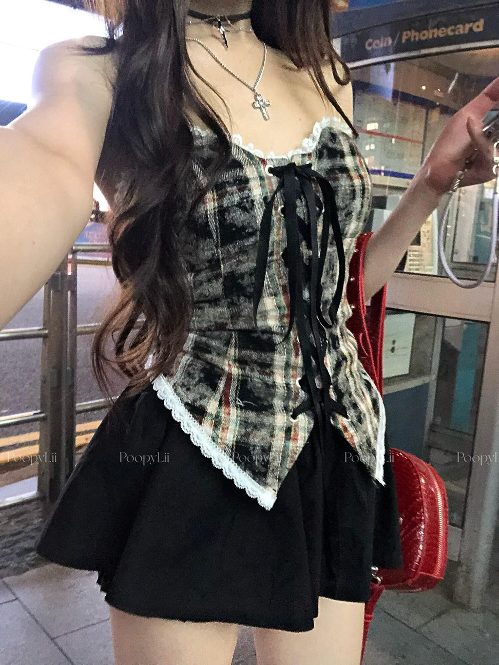 PoopyLii Romantic Plaid Cascading Off Shoulder Tie Women's Lace Bandeaus