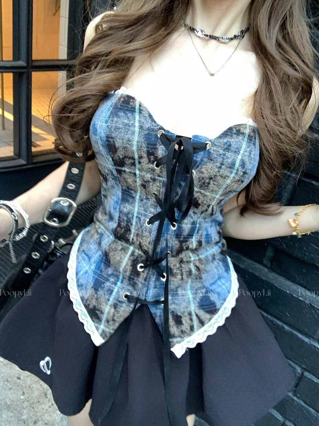 PoopyLii Romantic Plaid Cascading Off Shoulder Tie Women's Lace Bandeaus