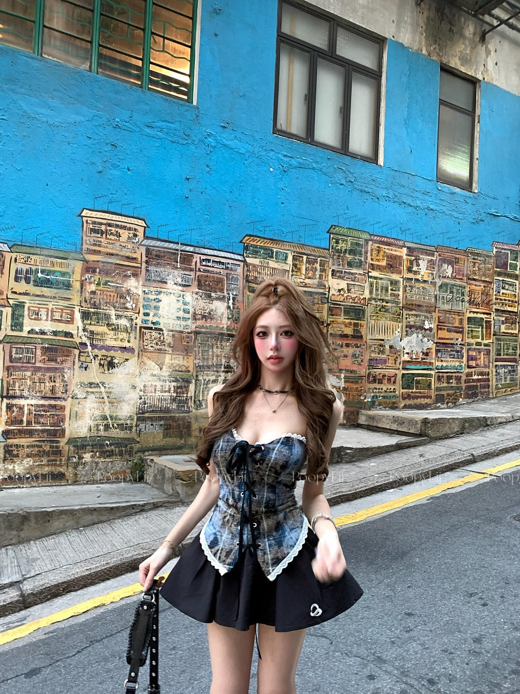 PoopyLii Romantic Plaid Cascading Off Shoulder Tie Women's Lace Bandeaus