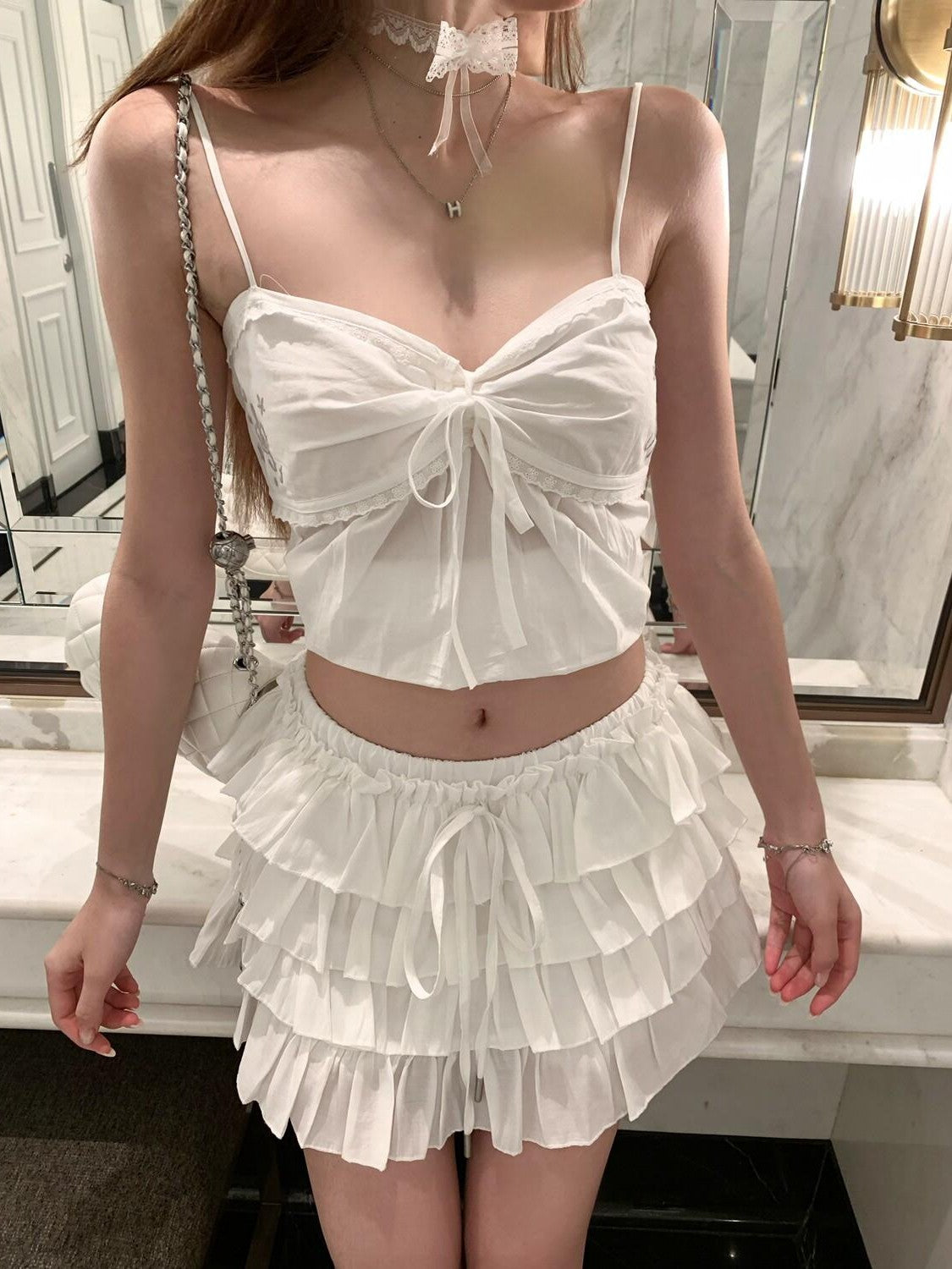 PoopyLii Ruffled Pleated High Waist Strappy Slim Fit Women's Tencel Tiered Skirts