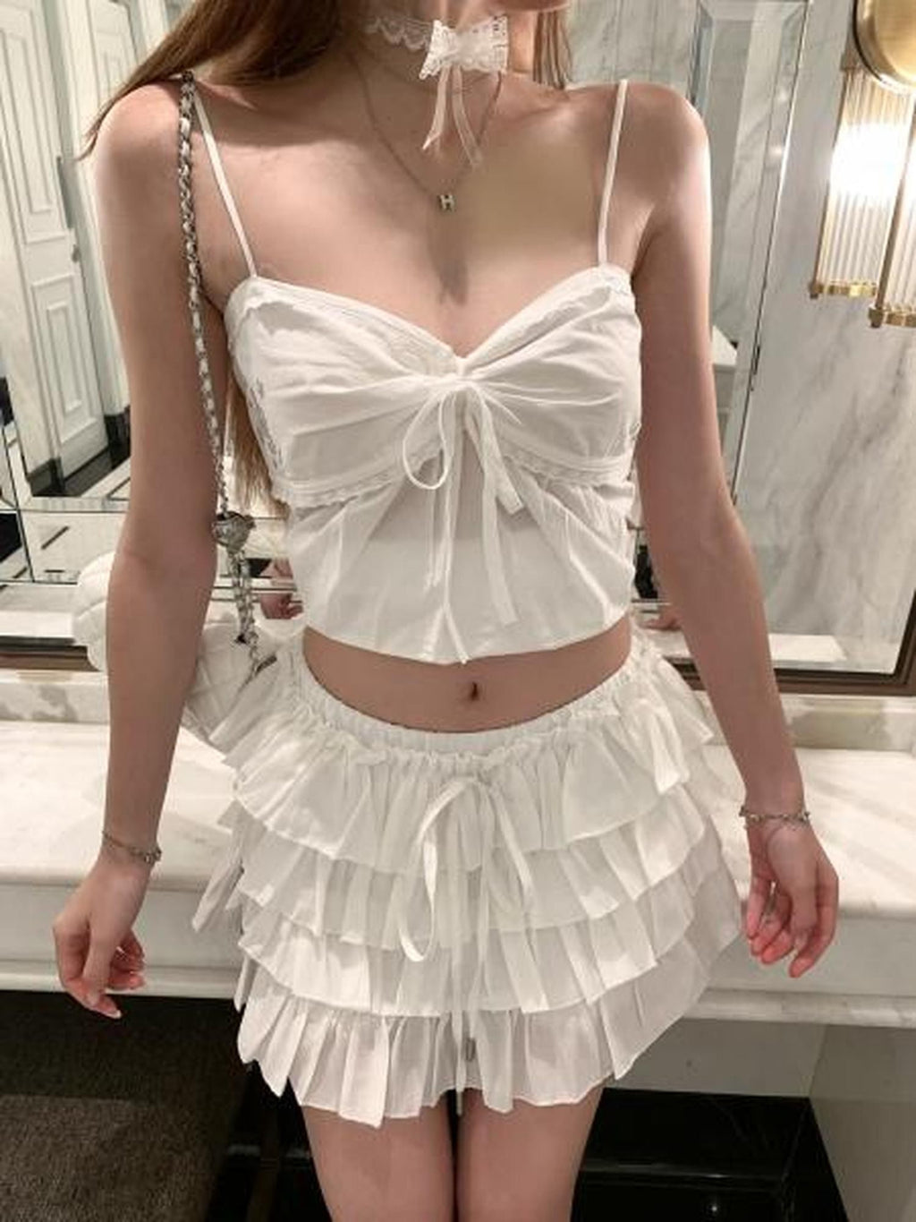 PoopyLii Ruffled Pleated High Waist Strappy Slim Fit Women's Tencel Tiered Skirts
