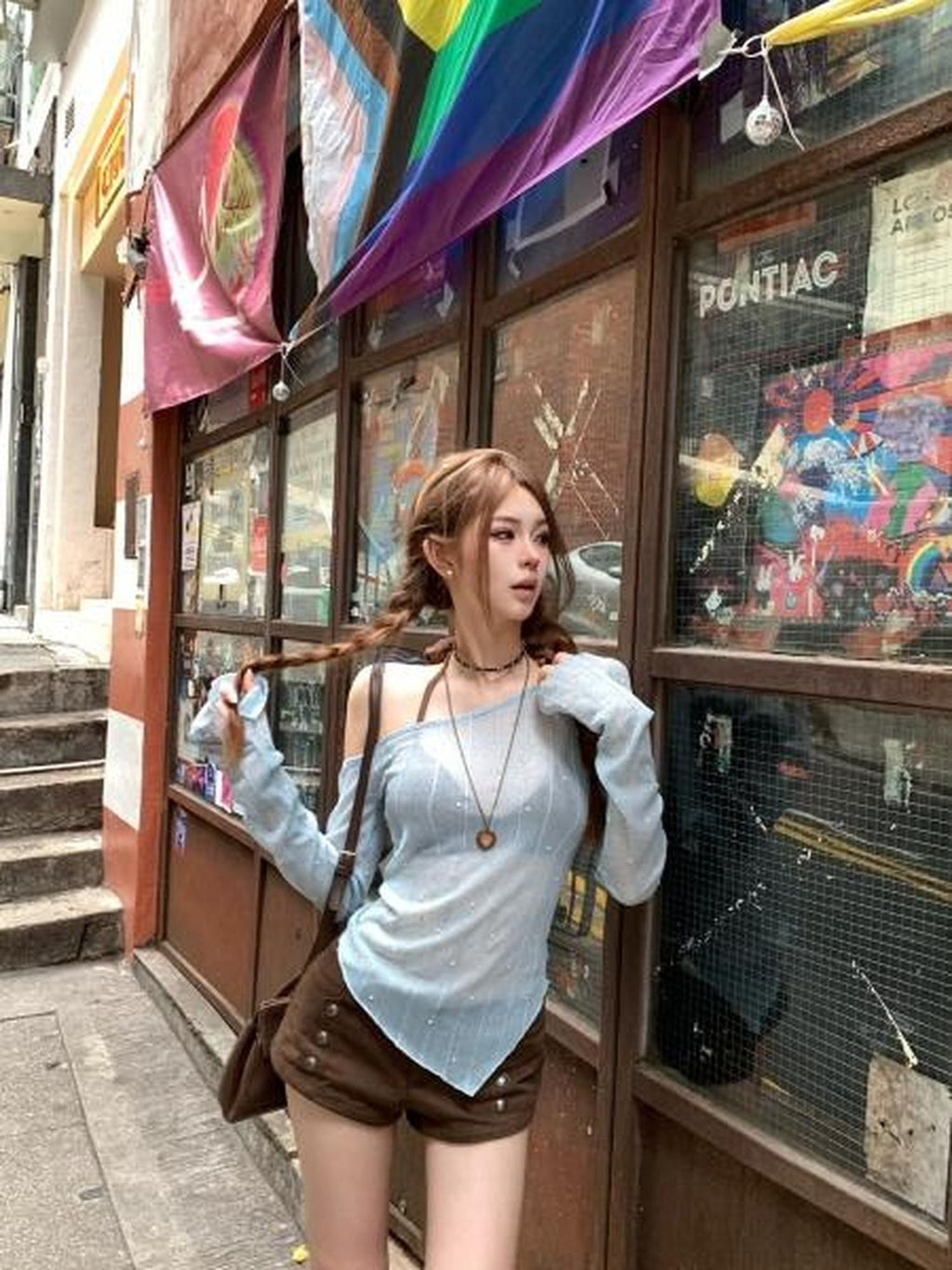 PoopyLii Slanted Shoulder Halter Knit Slim Fit Women's Cotton Long Sleeve T-shirts