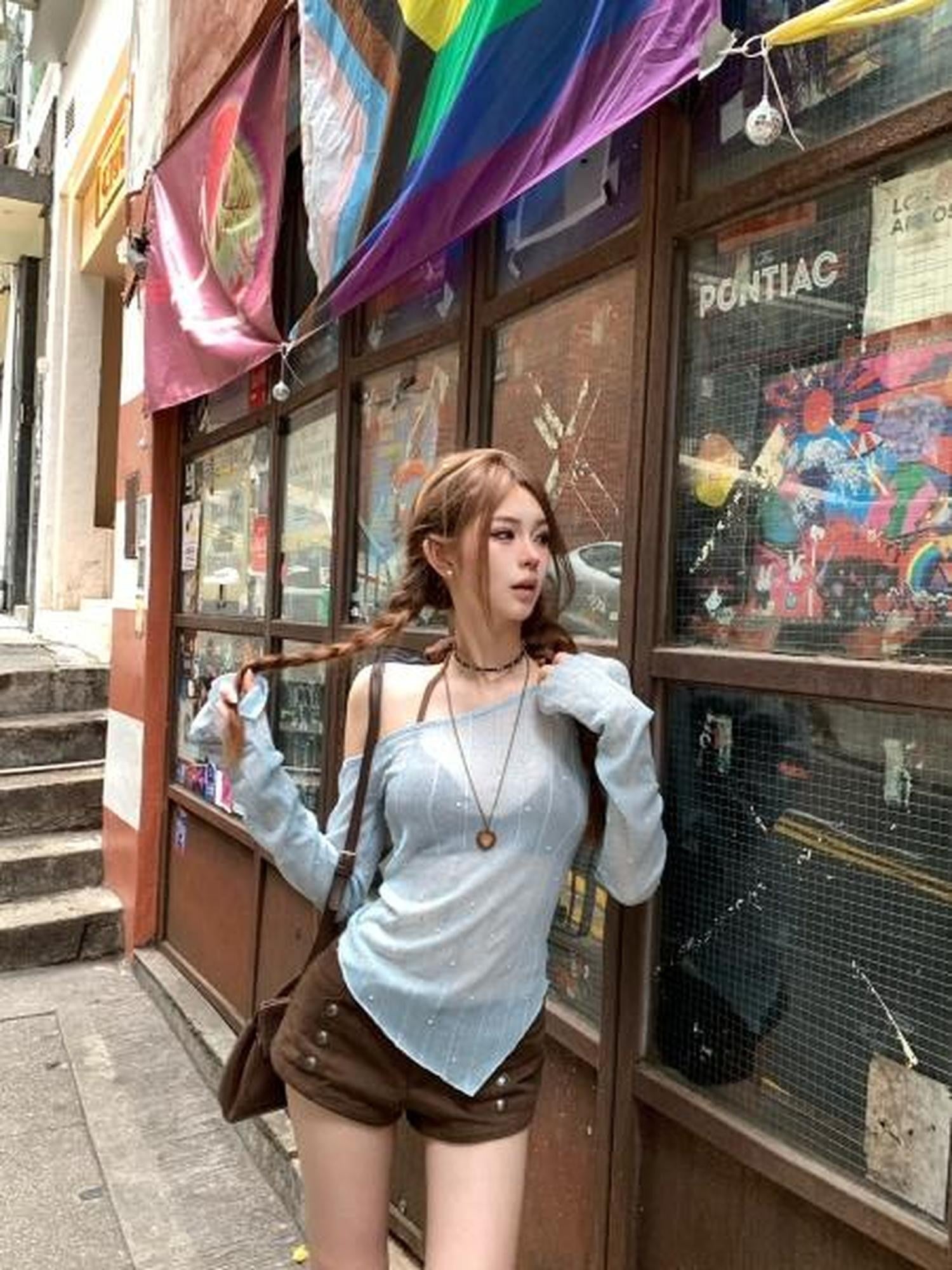 PoopyLii Slanted Shoulder Halter Knit Slim Fit Women's Cotton Long Sleeve T-shirts