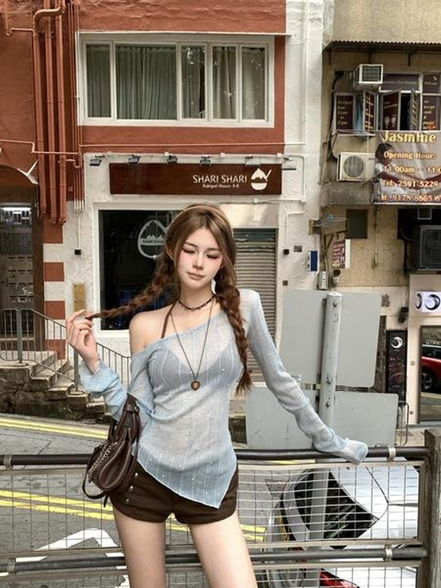 PoopyLii Slanted Shoulder Halter Knit Slim Fit Women's Cotton Long Sleeve T-shirts