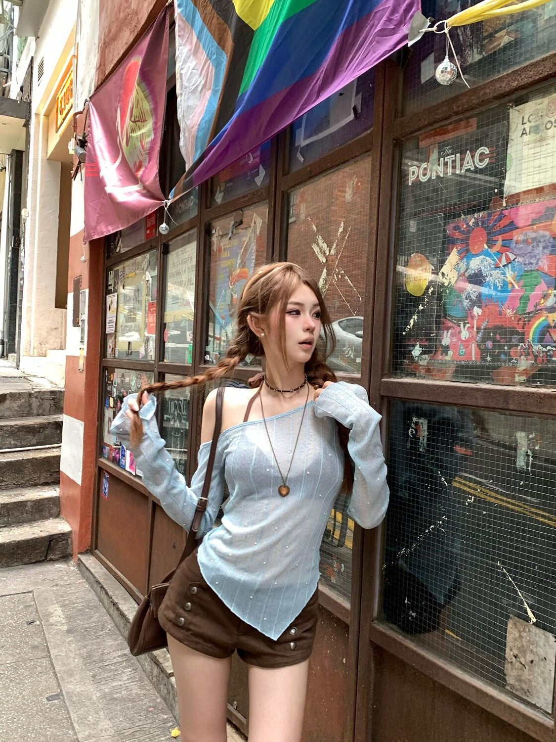 PoopyLii Slanted Shoulder Halter Knit Slim Fit Women's Cotton Long Sleeve T-shirts