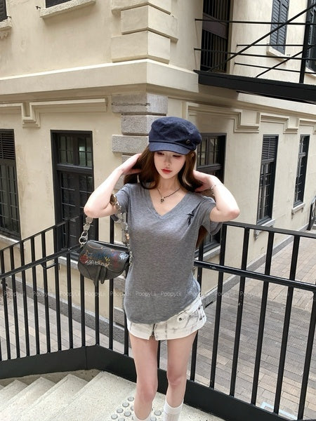 PoopyLii_Slightly_Sheer_Logo_Print_V-neck_Slim_Fit_Women's_Lyocell_Short_Sleeve_T-shirts_1040587109785_MISSTT
