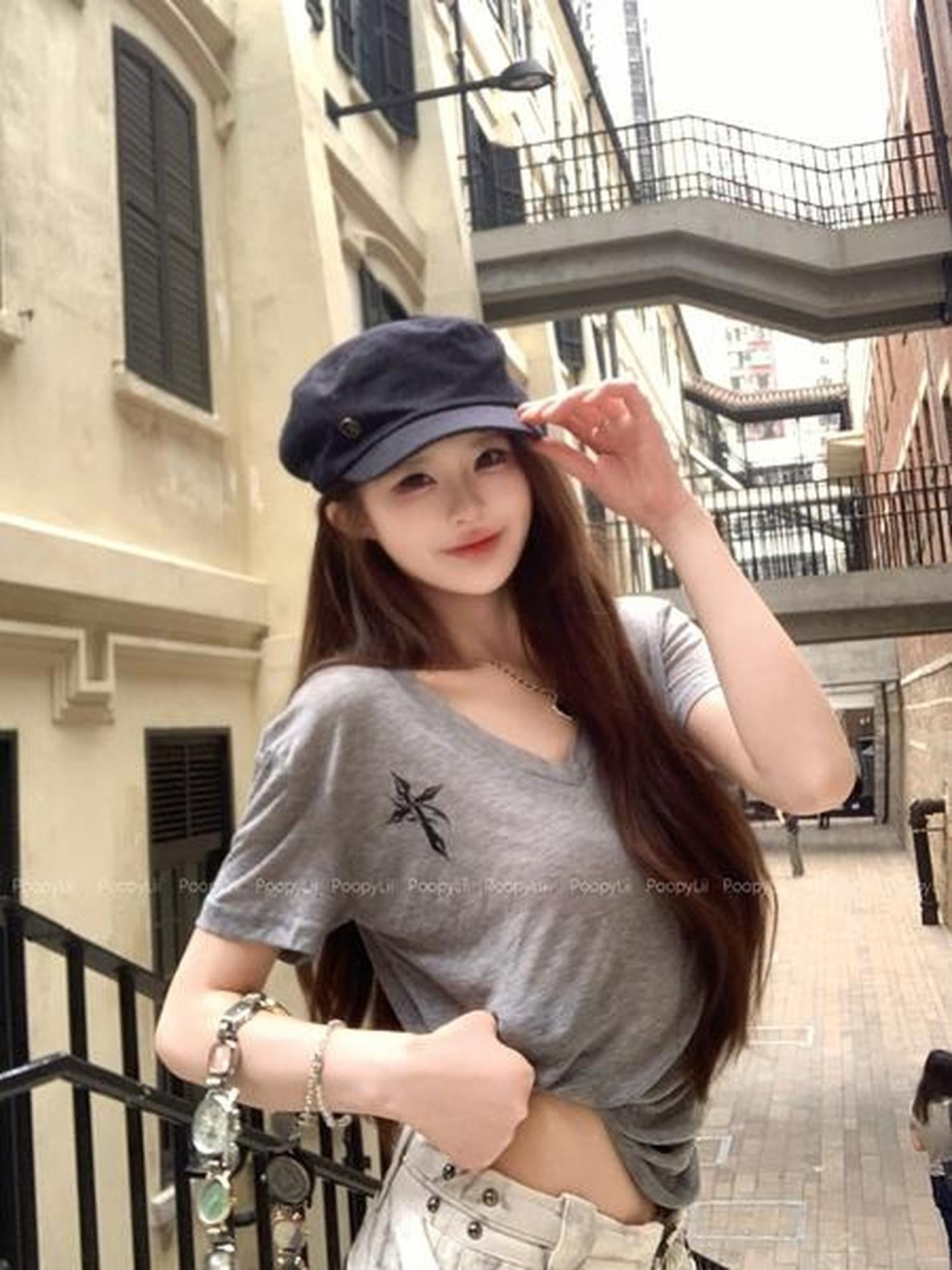 PoopyLii Slightly Sheer Logo Print V-neck Slim Fit Women's Lyocell Short Sleeve T-shirts
