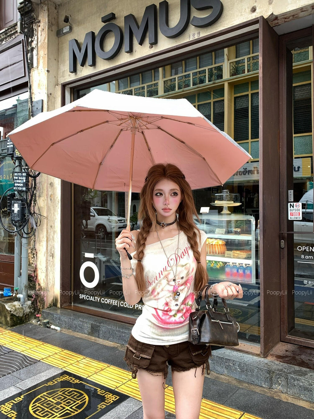 PoopyLii Soft Pastel Cat Print Slanted Shoulder Slim Fit Women's Off-shoulder T-shirts