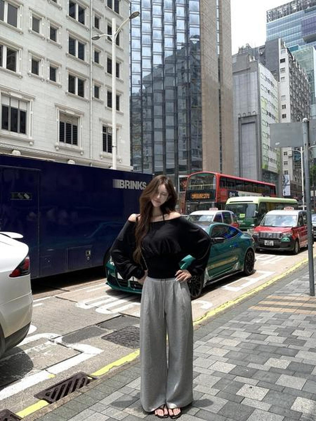 PoopyLii Soft Touch High Waist Drawstring Splicing Women's Cotton Blend Wide-leg Pants