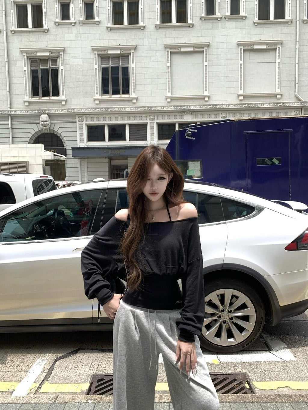 PoopyLii Soft Touch High Waist Drawstring Splicing Women's Cotton Blend Wide-leg Pants
