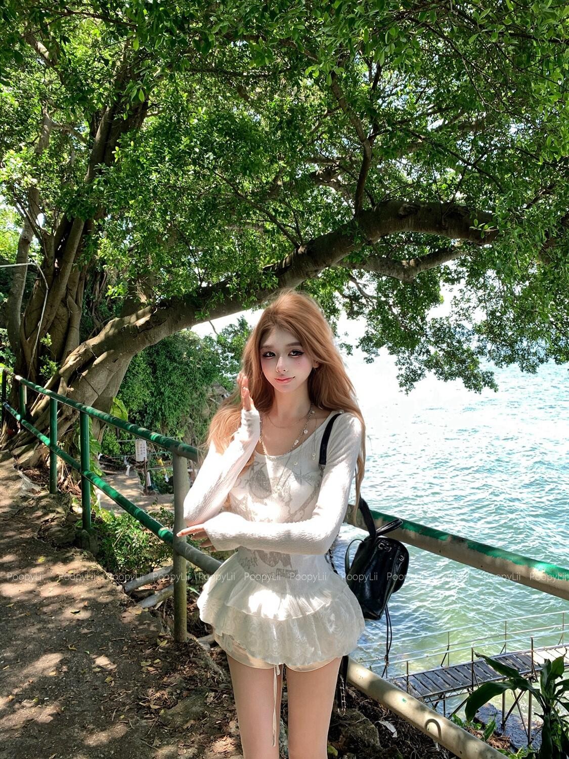 PoopyLii Spliced Lace Cinched Waist Slimming Women's Long Sleeve T-shirts