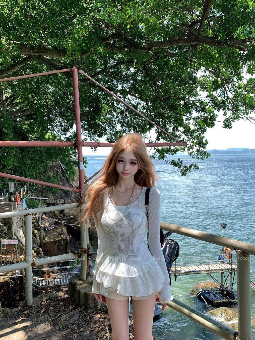 PoopyLii Spliced Lace Cinched Waist Slimming Women's Long Sleeve T-shirts