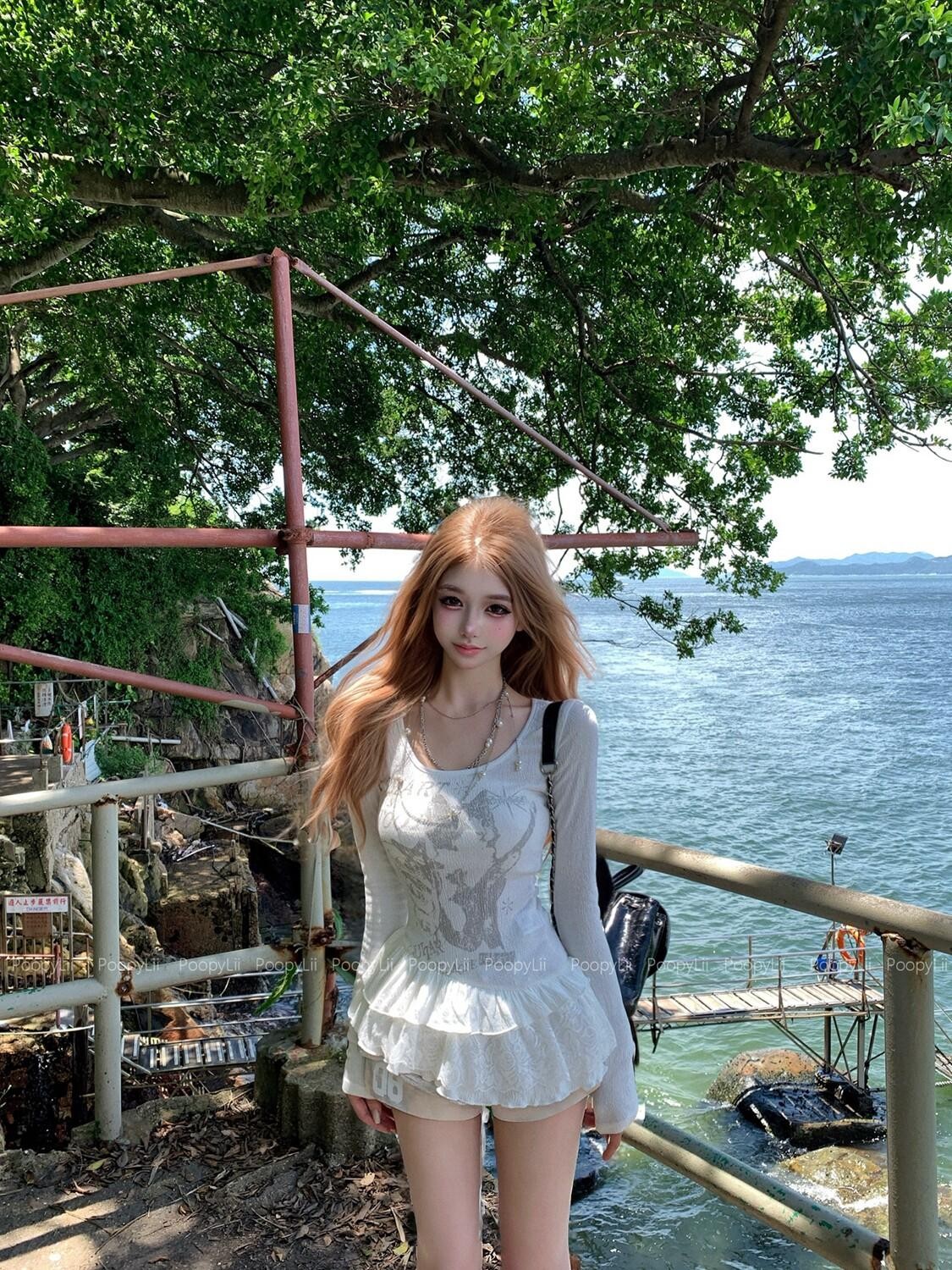PoopyLii Spliced Lace Cinched Waist Slimming Women's Long Sleeve T-shirts
