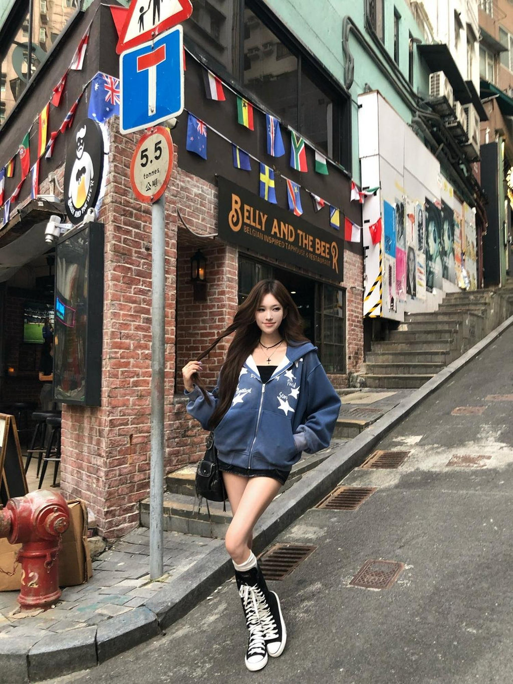 PoopyLii Star Print Distressed Blue American Loose Fit Women's Zip-up Hoodies