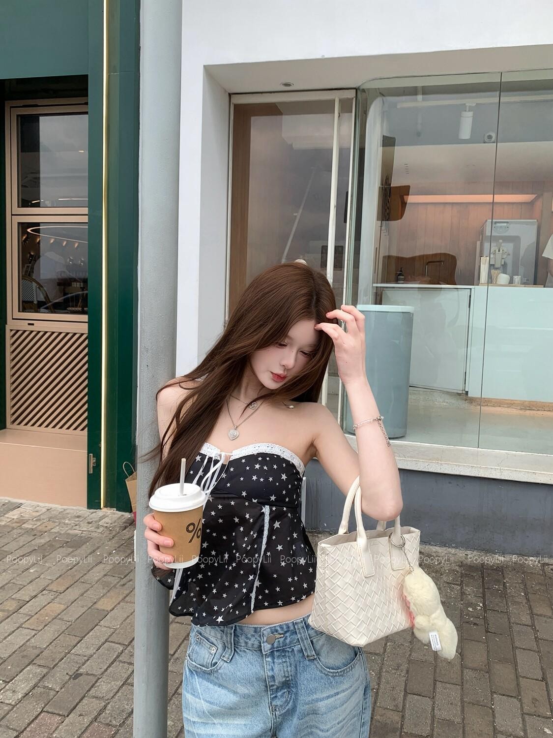 PoopyLii Starfall Sheer Mesh Ruffle Lettuce Hem Cropped Women's Polyester Tube Tops