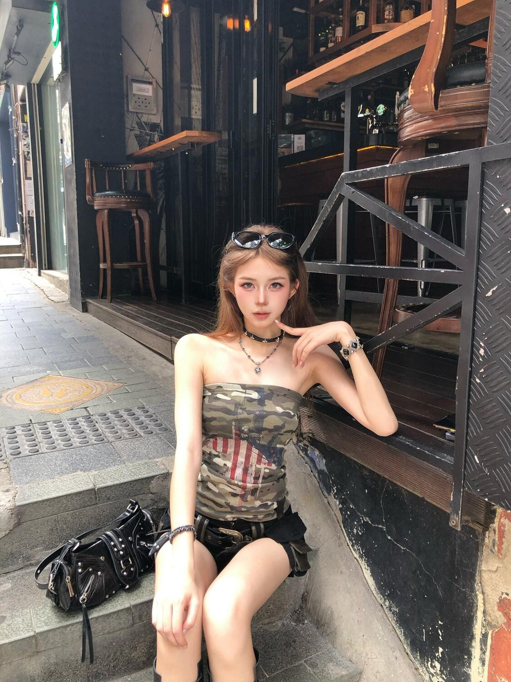 PoopyLii Street Distressed Camouflage Cross Retro Slim Fit Women's Tube Tops