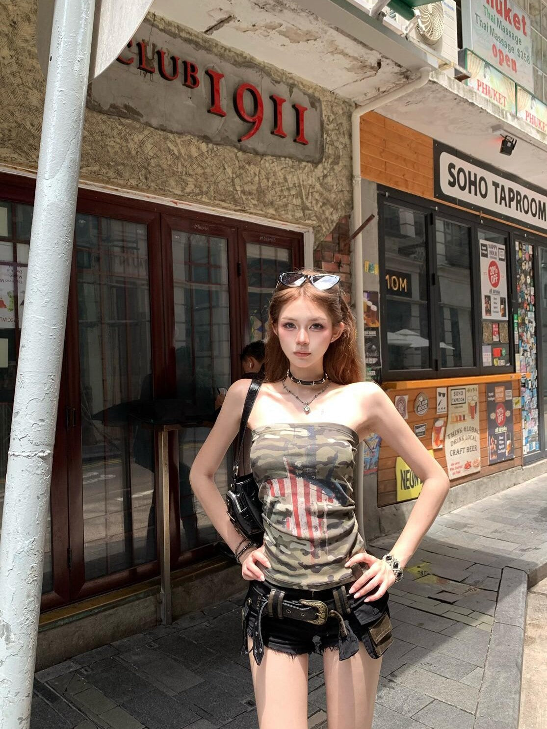 PoopyLii Street Distressed Camouflage Cross Retro Slim Fit Women's Tube Tops
