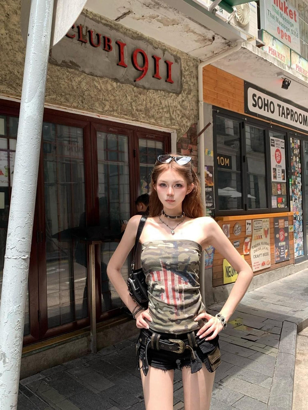 PoopyLii Street Distressed Camouflage Cross Retro Slim Fit Women's Tube Tops