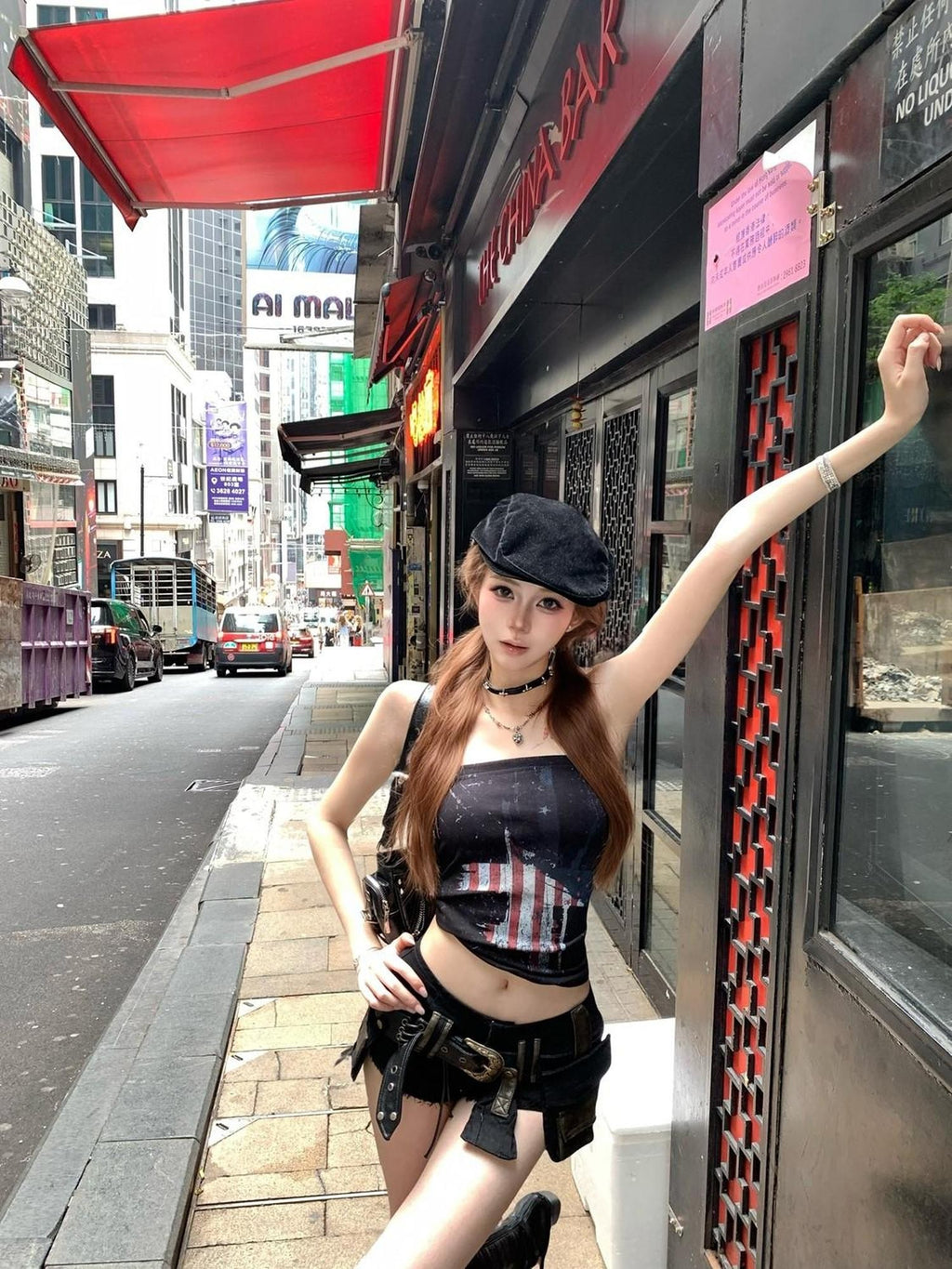 PoopyLii Street Distressed Camouflage Cross Retro Slim Fit Women's Tube Tops