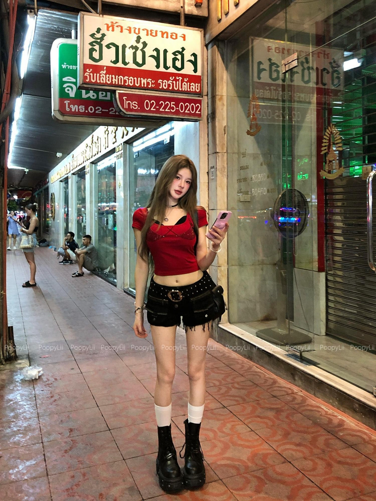 PoopyLii Streetwear Rhinestone Faux Two Piece Slim Fit Women's Crop Tops
