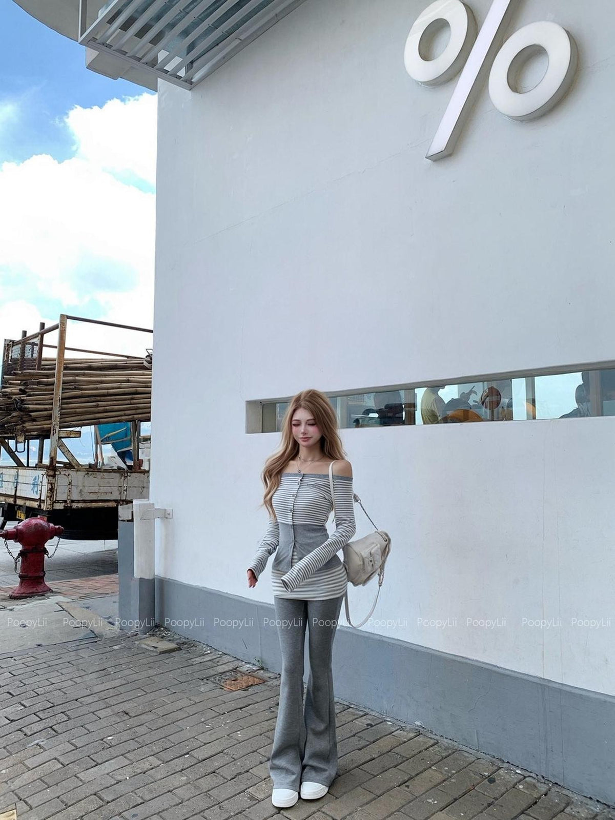 PoopyLii Striped Color Block Off Shoulder Long Sleeve Women's Cotton Blends Casual Top & Pants Sets