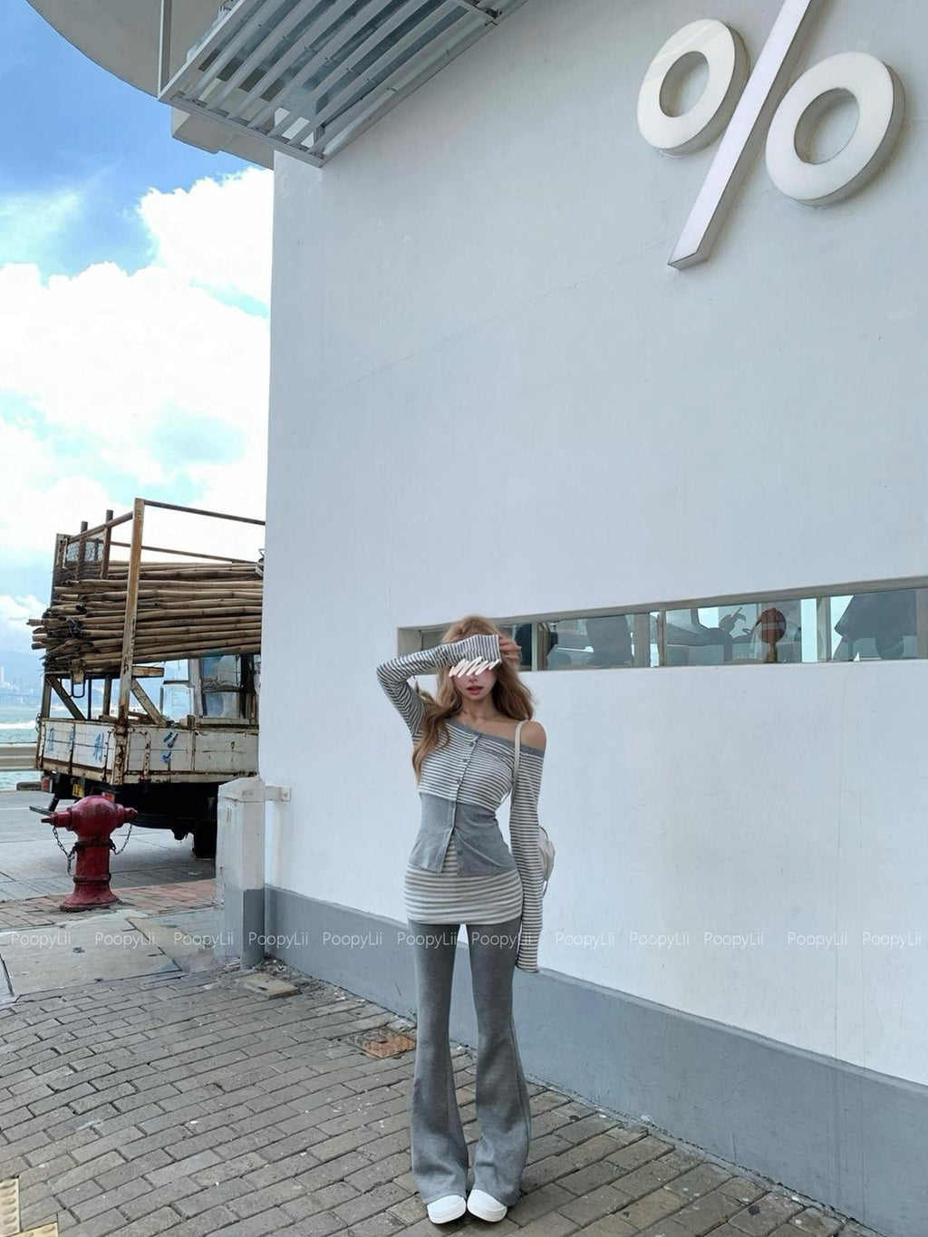 PoopyLii Striped Color Block Off Shoulder Long Sleeve Women's Cotton Blends Casual Top & Pants Sets