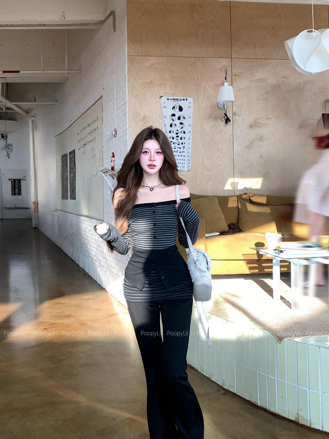 PoopyLii Striped Color Block Off Shoulder Long Sleeve Women's Cotton Blends Casual Top & Pants Sets