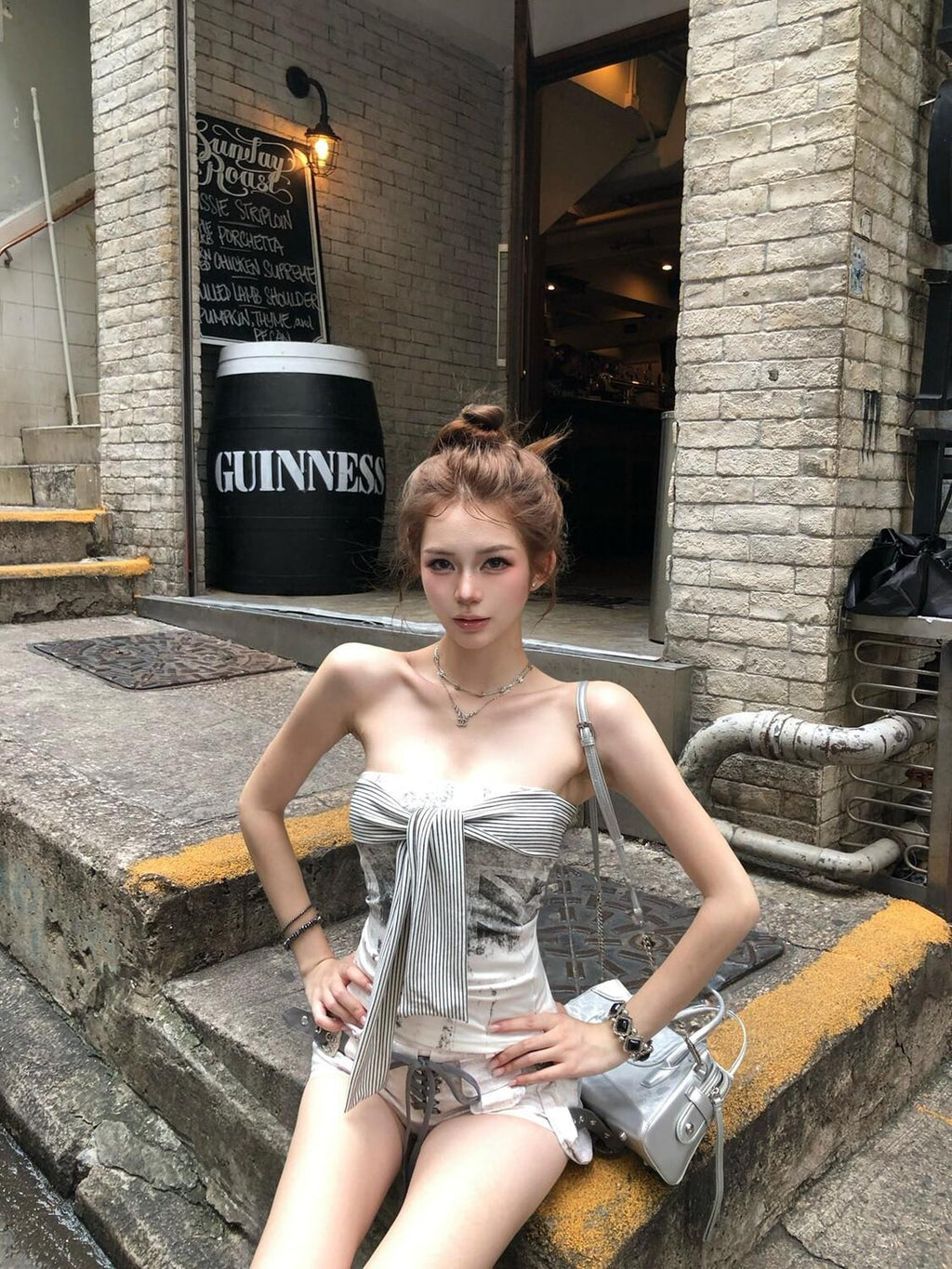 PoopyLii Striped Lace Up Off Shoulder Fitted Cropped Women's Tube Tops