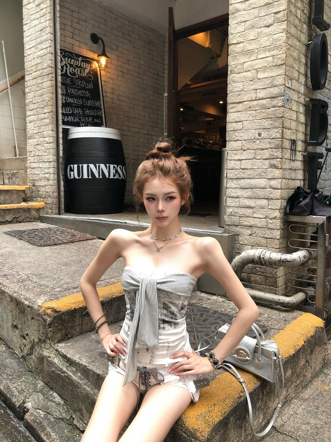 PoopyLii Striped Lace Up Off Shoulder Fitted Cropped Women's Tube Tops