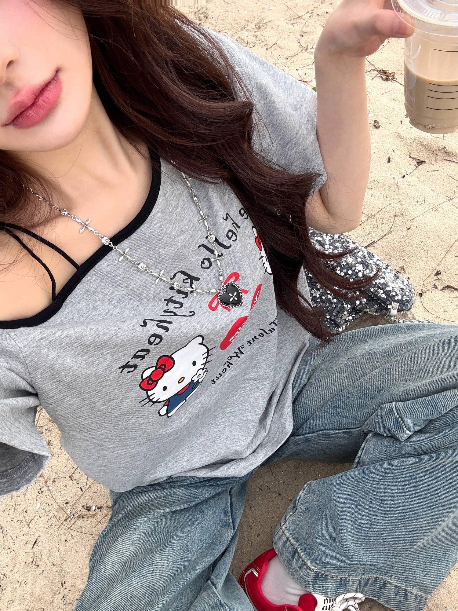 PoopyLii Striped Letter Print Asymmetric Shoulder Loose Fit Women's Off-shoulder T-shirts