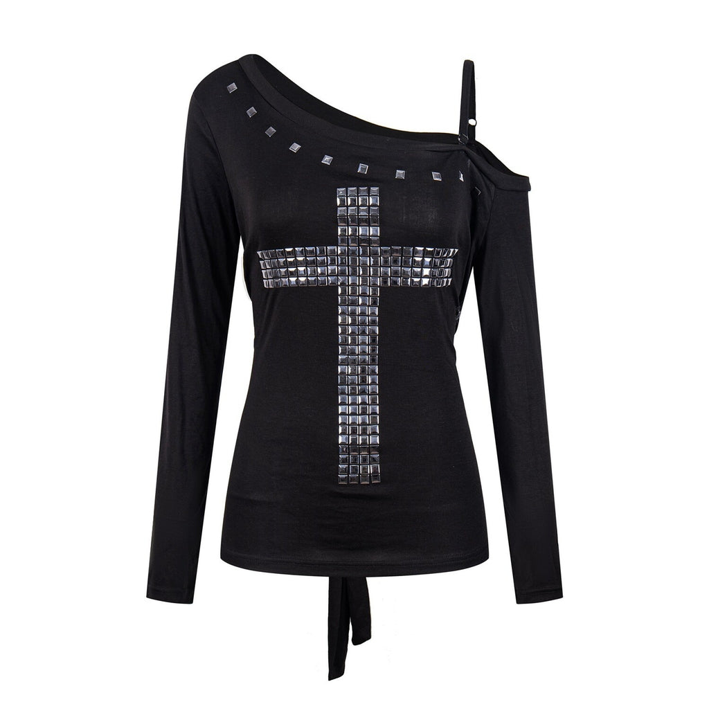 PoopyLii_Studded_Cross_Asymmetrical_Shoulder_Slim_Tie_Women's_Long_Sleeve_T-shirts_1070553263224_MISSTT