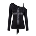 PoopyLii_Studded_Cross_Asymmetrical_Shoulder_Slim_Tie_Women's_Long_Sleeve_T-shirts_1070553263224_MISSTT