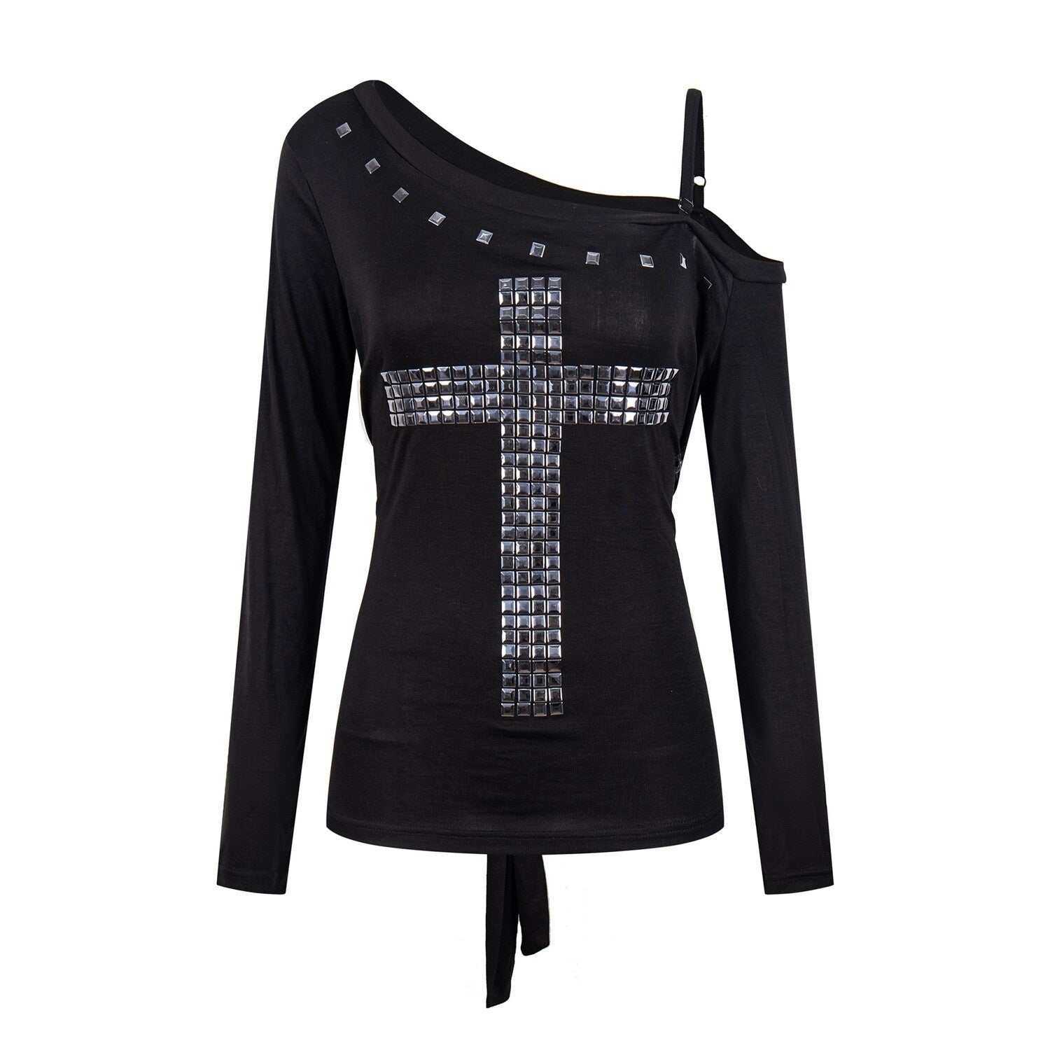 PoopyLii_Studded_Cross_Asymmetrical_Shoulder_Slim_Tie_Women's_Long_Sleeve_T-shirts_1070553263224_MISSTT