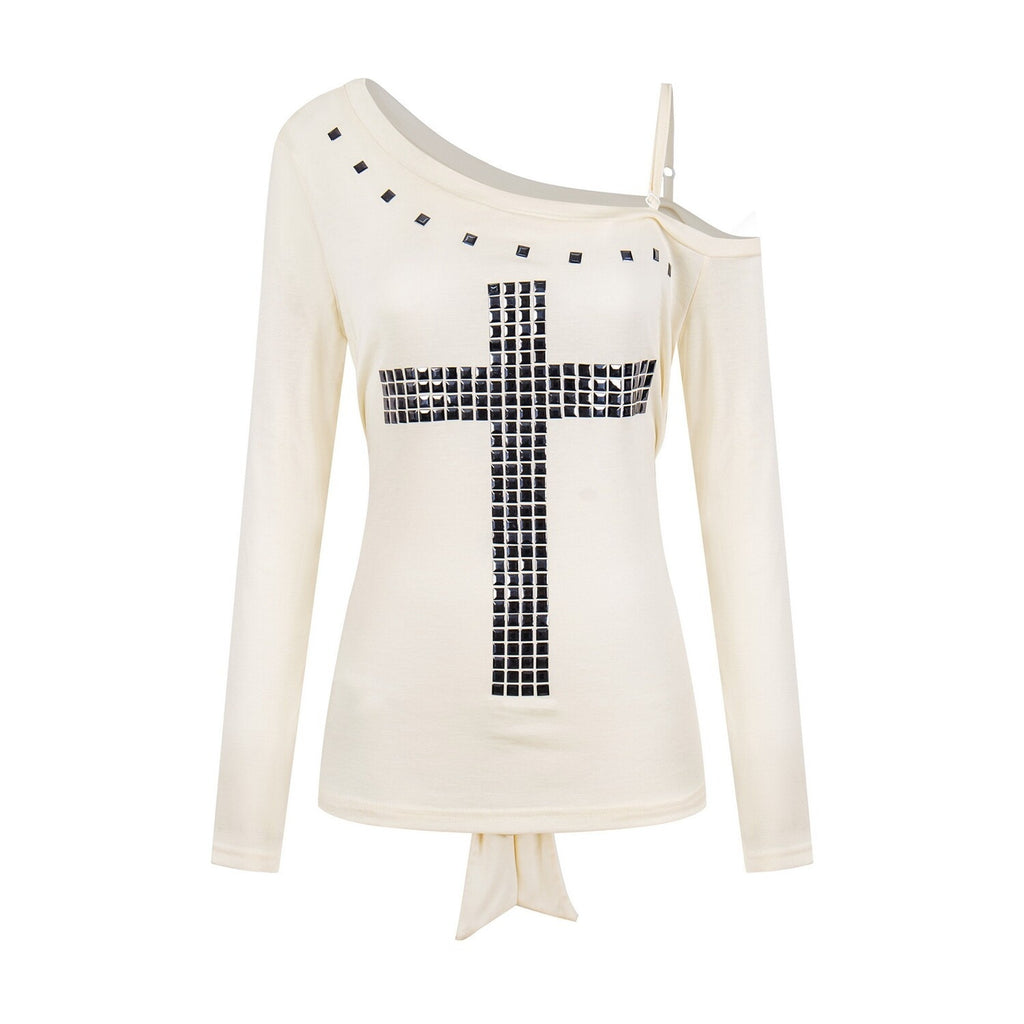 PoopyLii_Studded_Cross_Asymmetrical_Shoulder_Slim_Tie_Women's_Long_Sleeve_T-shirts_1070553263224_MISSTT