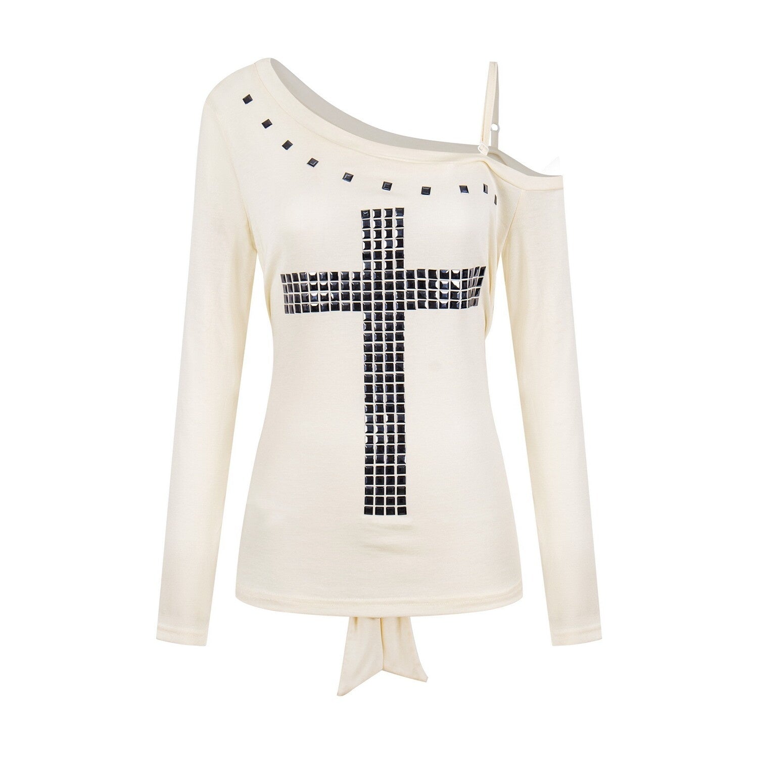 PoopyLii_Studded_Cross_Asymmetrical_Shoulder_Slim_Tie_Women's_Long_Sleeve_T-shirts_1070553263224_MISSTT