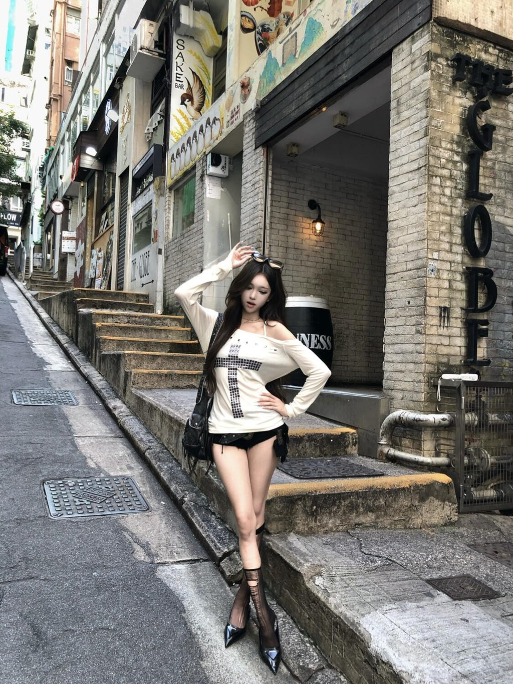PoopyLii Studded Cross Asymmetrical Shoulder Slim Tie Women's Long Sleeve T-shirts