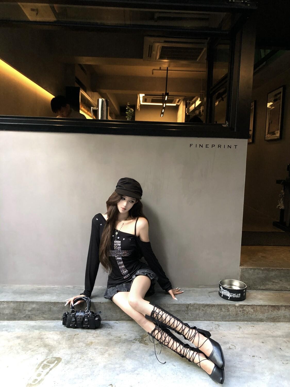 PoopyLii Studded Cross Asymmetrical Shoulder Slim Tie Women's Long Sleeve T-shirts