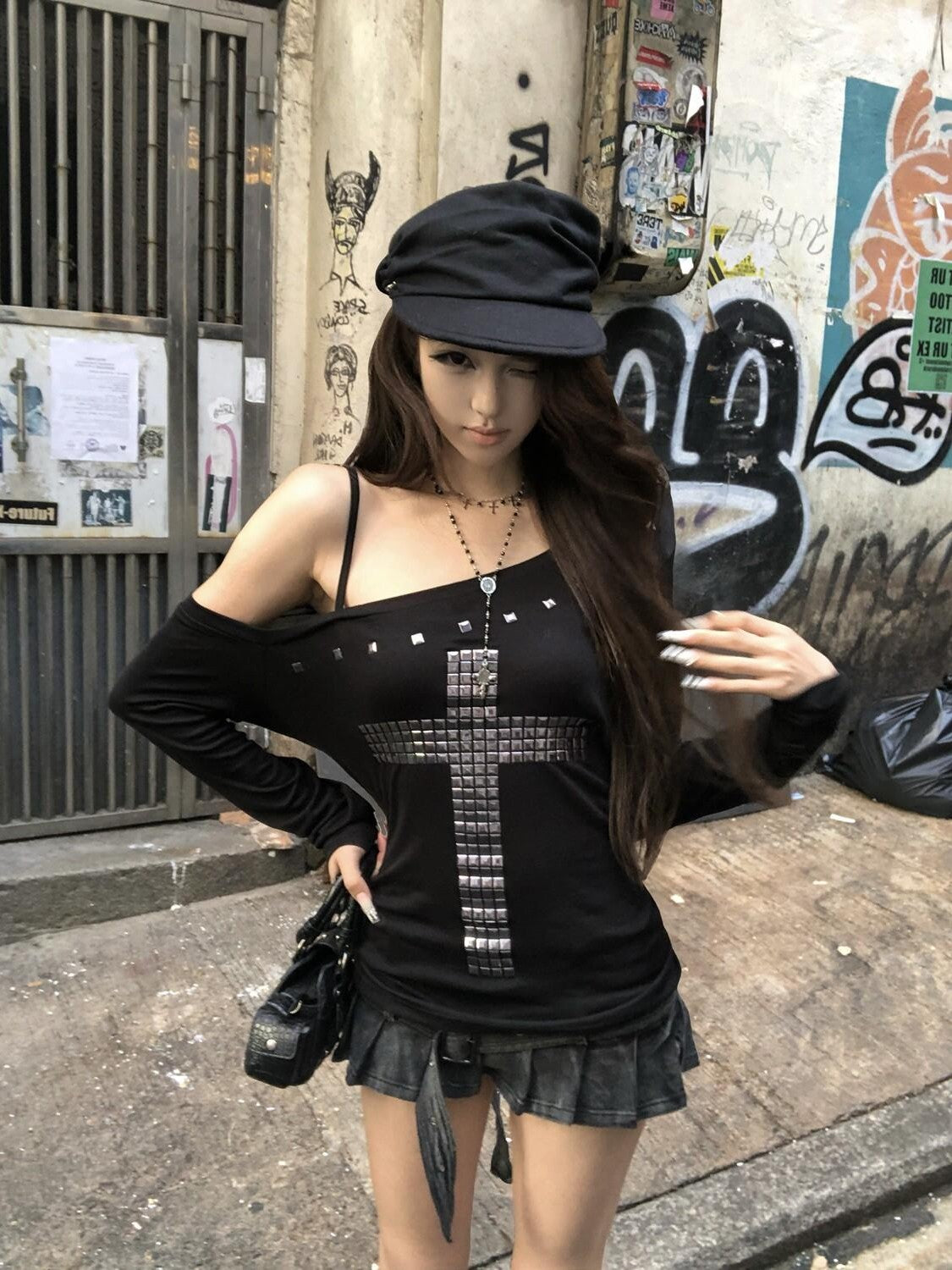 PoopyLii Studded Cross Asymmetrical Shoulder Slim Tie Women's Long Sleeve T-shirts