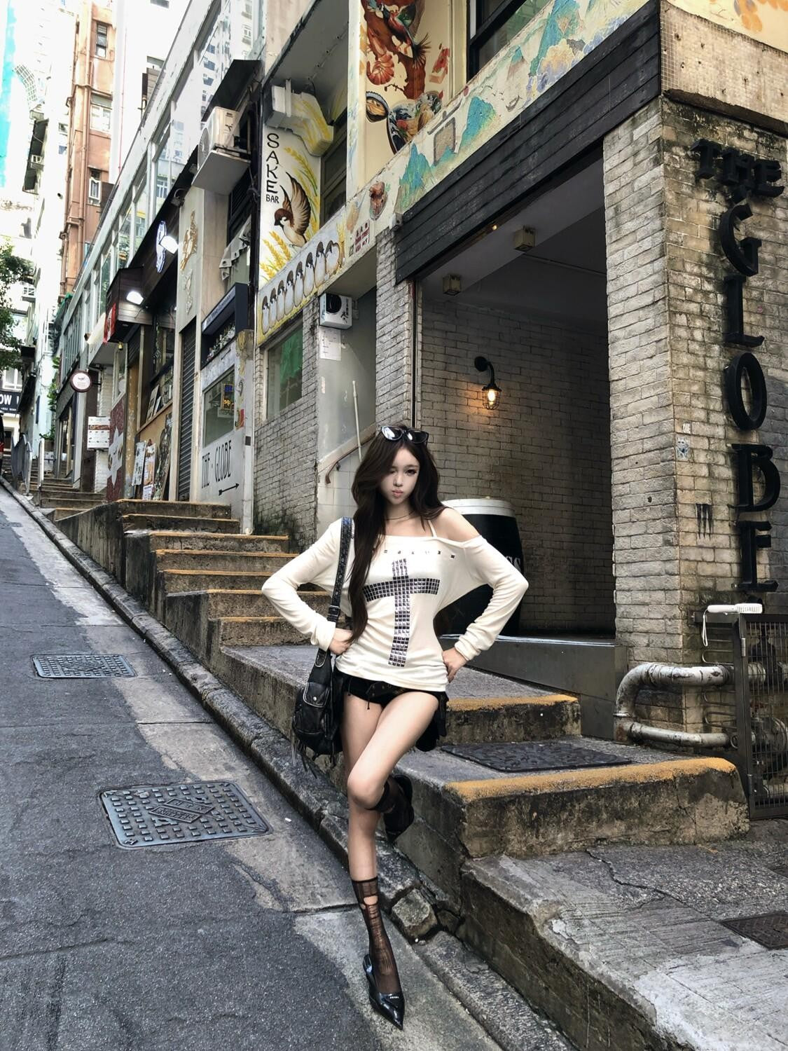 PoopyLii Studded Cross Asymmetrical Shoulder Slim Tie Women's Long Sleeve T-shirts