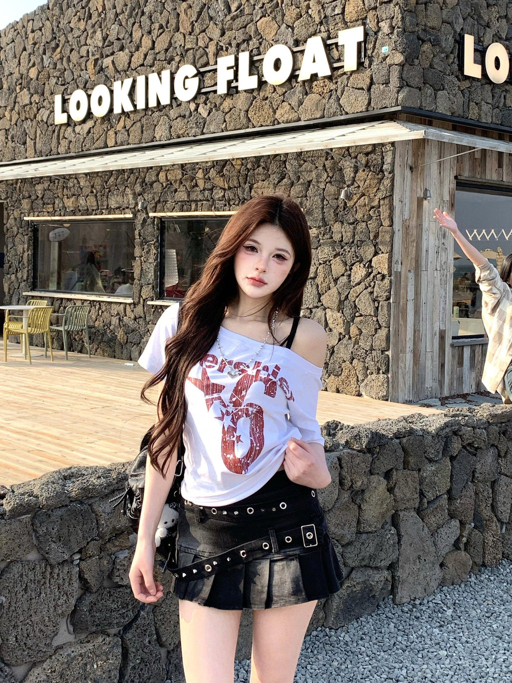 PoopyLii Sunset Print Retro Asymmetric Cropped Women's Off-shoulder T-shirts