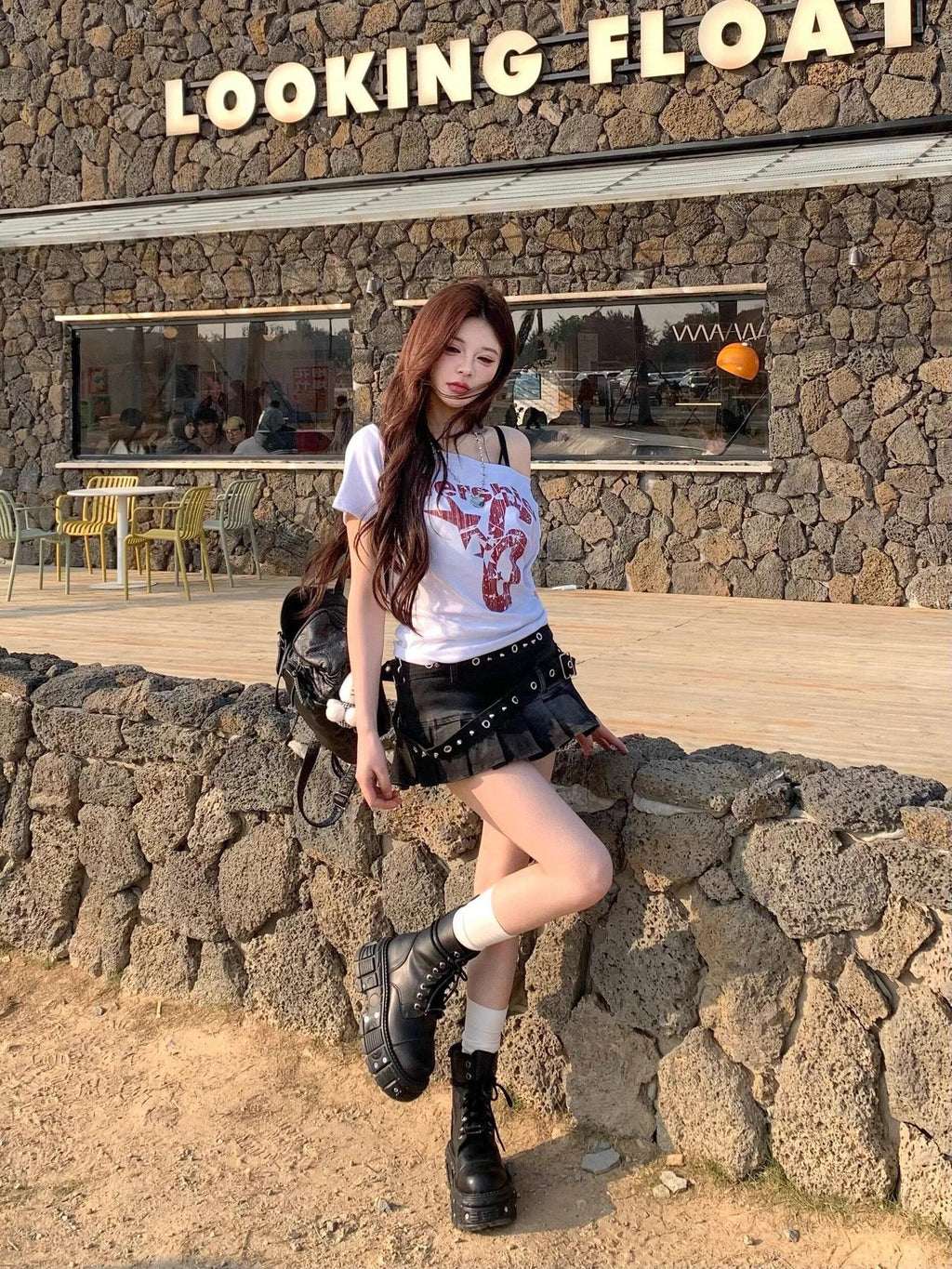 PoopyLii Sunset Print Retro Asymmetric Cropped Women's Off-shoulder T-shirts