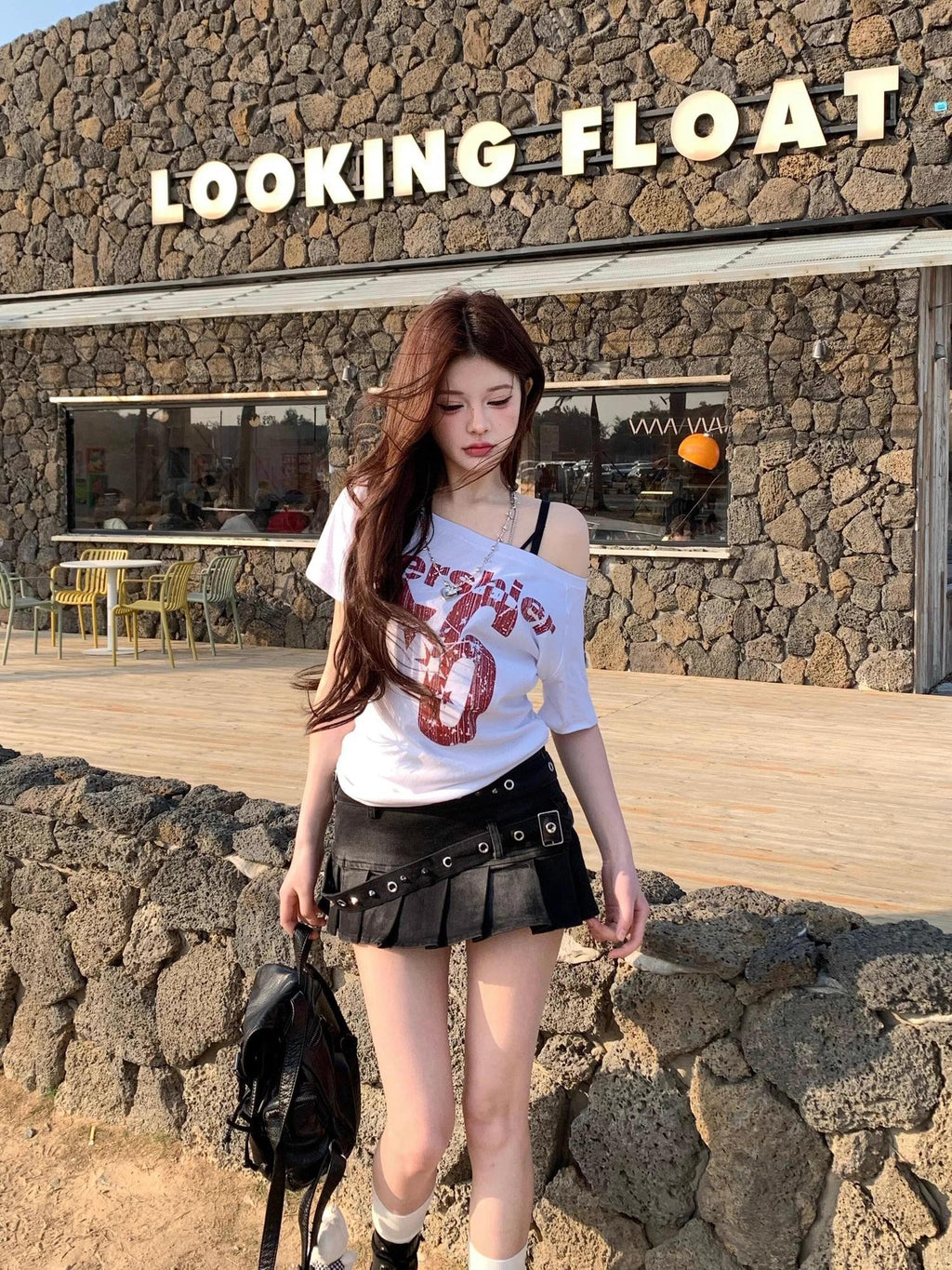 PoopyLii Sunset Print Retro Asymmetric Cropped Women's Off-shoulder T-shirts
