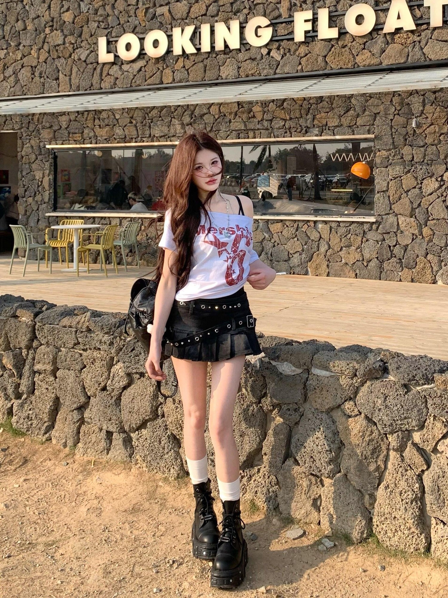 PoopyLii Sunset Print Retro Asymmetric Cropped Women's Off-shoulder T-shirts