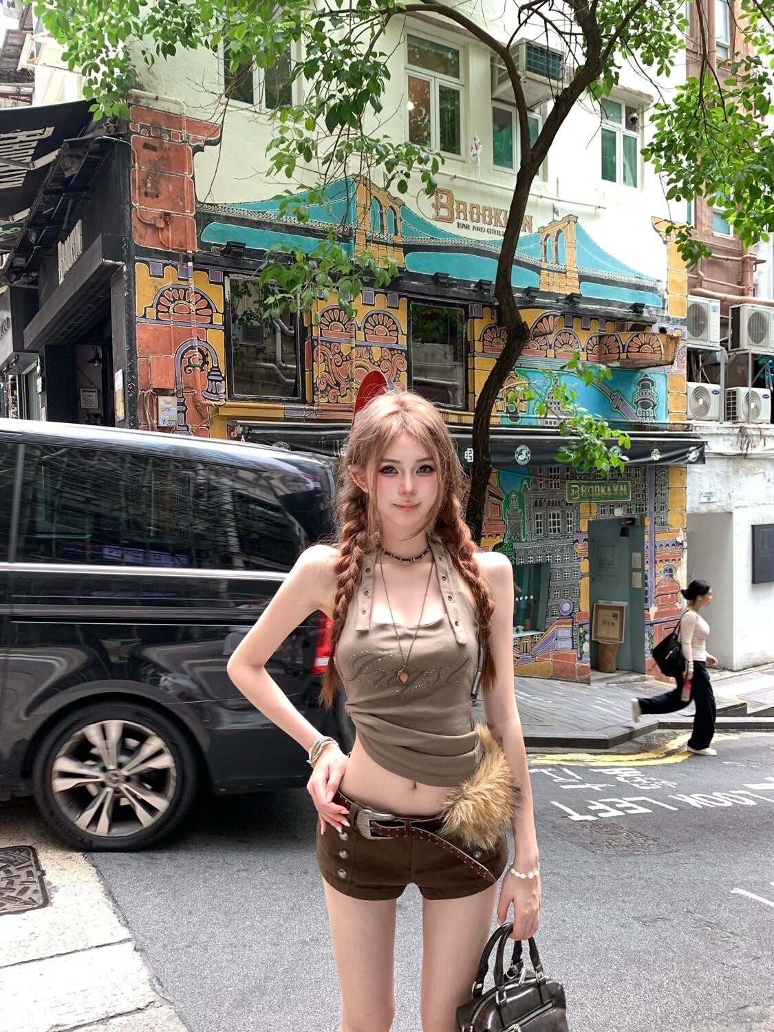 PoopyLii Sweet Cool Rhinestone Workwear Slim Fit Sleeveless Women's Halter Tops