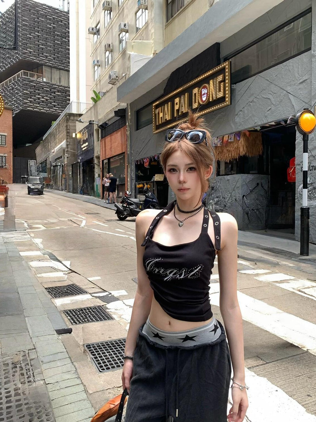 PoopyLii Sweet Cool Rhinestone Workwear Slim Fit Sleeveless Women's Halter Tops