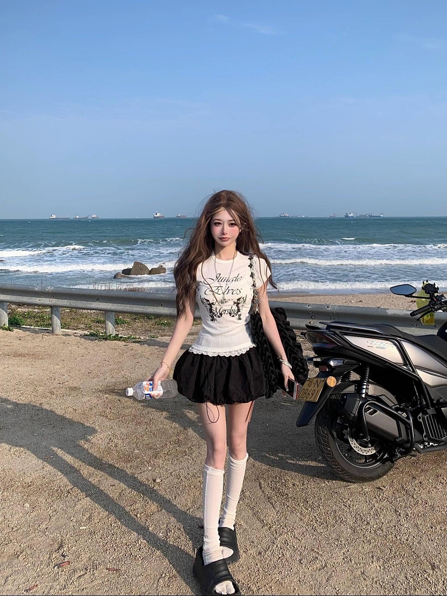 PoopyLii Tulip Hem Puff A Line Slimming Versatile Women's Mini Skirts