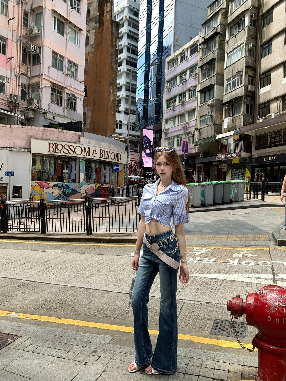 PoopyLii Vertical Stripe Turn Down Collar Cinched Waist Women's Short Sleeve Crop Tops